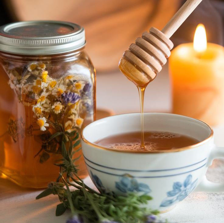 Honey being poured into a cup of tea